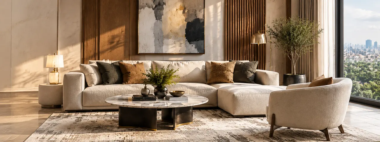 Living room with a cream sectional sofa, marble coffee table and armchair