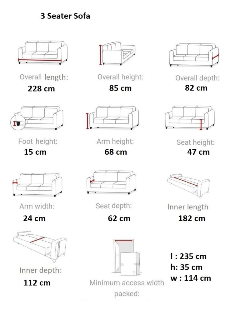Mikado Nevi Home, Standard Size Of 3 Seater Sofa In Feet